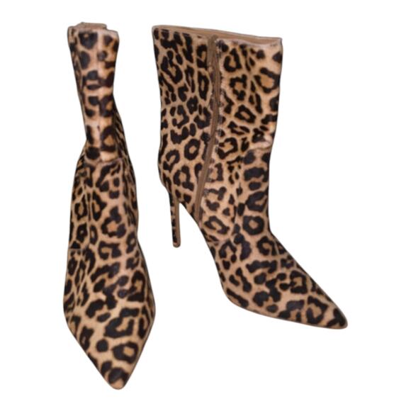 Express Stiletto Calf Hair Leather Leopard Print Women's Ankle Boots Size 9 - Picture 1 of 12